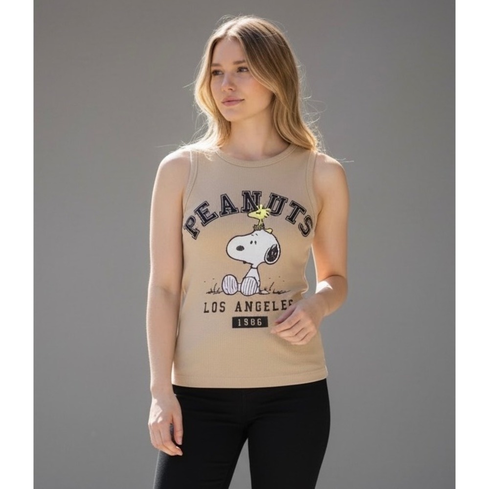 Peanuts Snoopy‎ Los Angeles 1986 Size Small Graphic Tank Top Tan Ribbed